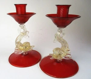 Murano art glass candle holders ruby red swirl gold fleck dolphin 2 candlesticks - Picture 1 of 6