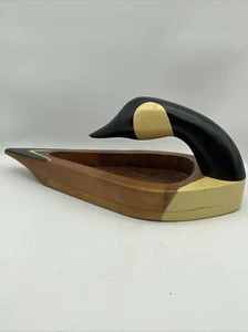 Vtg Wooden Canada Goose Carved Painted Catchall Tray Platter Dish Phillipines - Picture 1 of 7