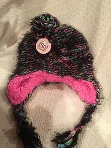 NWT BLACK KNIT HAT WITH PASTEL COLORS BY SO, BRIGHT PINK SHERPA LINING ~ AGE 4-7 - Picture 1 of 1