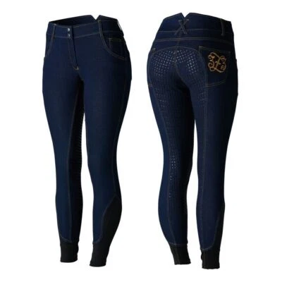 New! Women's Horze Dark blue 'JESSI-LYN' DENIM FULL SEAT BREECHES in 4 SIZES! - Image 1 of 3