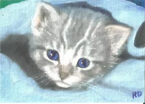 ACEO Print of original oil painting "Baby Luke in His Blue Blanket" cat kitten - Picture 1 of 1