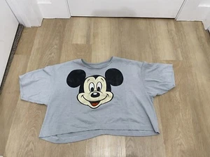 Vintage 80's Mickey Mouse Crop-Top Disney Head Gray Cropped T-Shirt Cotton - Picture 1 of 7