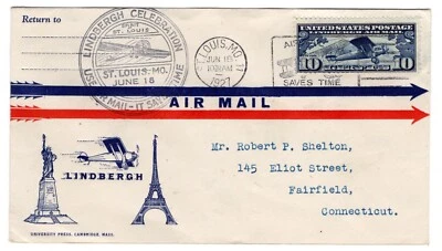 C10 Lindbergh 10c Airmail 1927 FDC - Planty #12 St Louis MO 1st University Press - Image 1 of 2