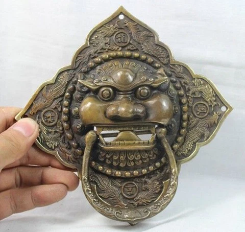 6" Antique style Folk Home Copper Fu Foo Dog Lion Lions Head Door Knocker Statue Cover