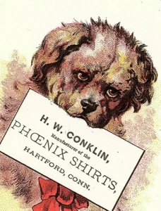 H W Conklin Phoenix Hemden Hartford CT viktorianische Sammelkarte süßer Hund rote Fliege - Bild 1 von 3