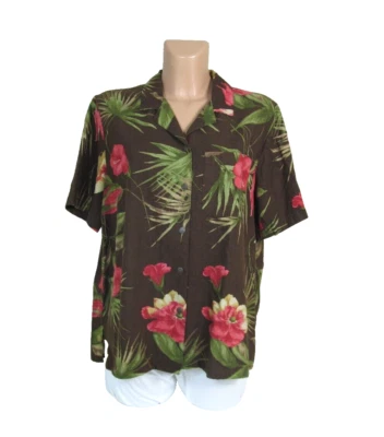 Camisa ALFRED DUNNER PETITE 18P 100% Seda Marrón S/S Abotonada Flores Tropicales Foto 1 de 4