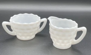 Vintage Milk Glass Sugar And Creamer Set, Anchor Hocking Cube Design - Picture 1 of 14