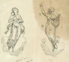 Antique Ink Drawing 19th century of Two Sculpture Women, Goddess