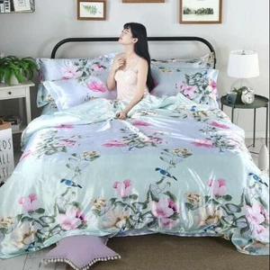 4pcs Ice Silk Duvet Cover Sets Pillowcase Sheet King Bedding Floral Flower Pink - Picture 1 of 19