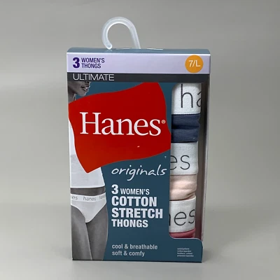 HANES 3 PK Originals Women's Cotton Stretch Thongs Underwear Sz 7/L Blue/Pink - Image 1 of 4