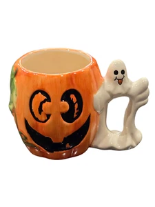 Vintage Halloween Ceramic Pumpkin Ghost Handle Coffee Cup Mug - Picture 1 of 7
