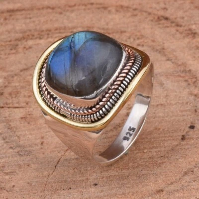 Anillo unisex de plata de ley 925 maciza con piedras preciosas de labradorita azul natural para hombre Foto 1 de 4