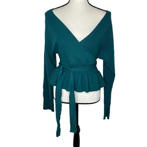 ZESICA Women's Wrap V Neck Long Batwing Sleeve Belted Waist Ruffle Knitted Teal - Picture 1 of 11