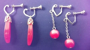 Paar Vintage Fuchsia Hot Pink Lucite Schraubverschluss Ohrhänger goldfarbene Ohrringe - Bild 1 von 12