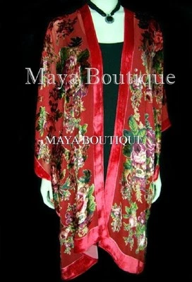 Silk Caftan Kimono Jacket Velvet Red Multi Gypsy Rose Maya Matazaro USA Made - Image 1 of 2
