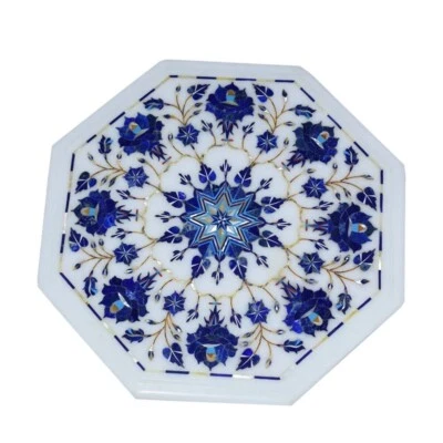 12" Marble Corner Table Top – Handmade Floral Pietra Dura Inlay with Lapis Lazul - Image 1 of 4
