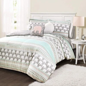 Lush Pink-and-Turquoise Elephant Striped 4-Piece Quilt Bed Set, Reversible - Picture 1 of 4