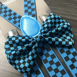Blue Black Checker Suspenders and Bow Tie Matching Set Wedding Prom Adult - Picture 1 of 4