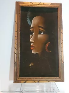 Quadro vintage anni 70 velluto nero donna afroamericana Juarez Messico firmato JB - Foto 1 di 20