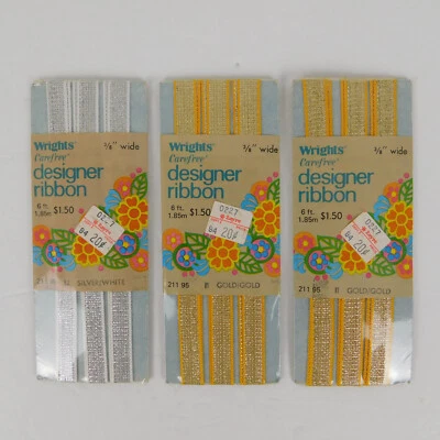 Vtg Lot Of 3 Wrights DESIGNER RIBBON - (1) SILVER & (2) GOLD 3/8" x 6' each NIP - Image 1 of 4