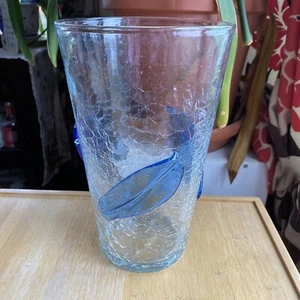 Blenko 10" Tall Crystal Crackle Glass Vase Sky Blue Leaves Shape #366ML - Picture 1 of 10