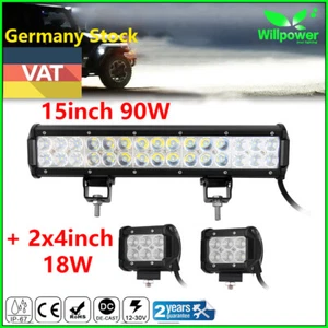 15inch 90W Led Work Light Bar for Car Off road SUV Truck +2pcs 4inch 18W Flood - Foto 1 di 11
