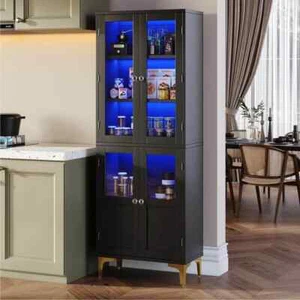 Tall Black Engineered Wood 24 in. Kitchen Pantry Cabinet with Glass Doors - Picture 1 of 7