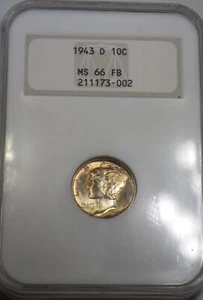 1943-D Mercury Dime NGC graded MS 66 Full Bands "Striking Golden Toning" - Picture 1 of 4