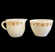 Vintage Pyrex Corning Milk Glass Butterfly Gold Creamer and Open Sugar Bowl 2pc