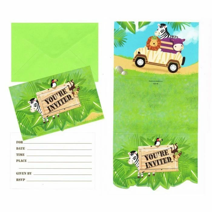 Safari Jungle Animals Adventure Monkey Party Supplies Invitations 8Pk Birthday  - Image 1 of 1