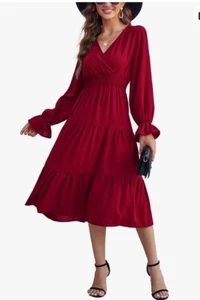 Koojoun Wine Red XL Smocked Waist Midi Dress Tiered V Neck Long Sleeve - Picture 1 of 11