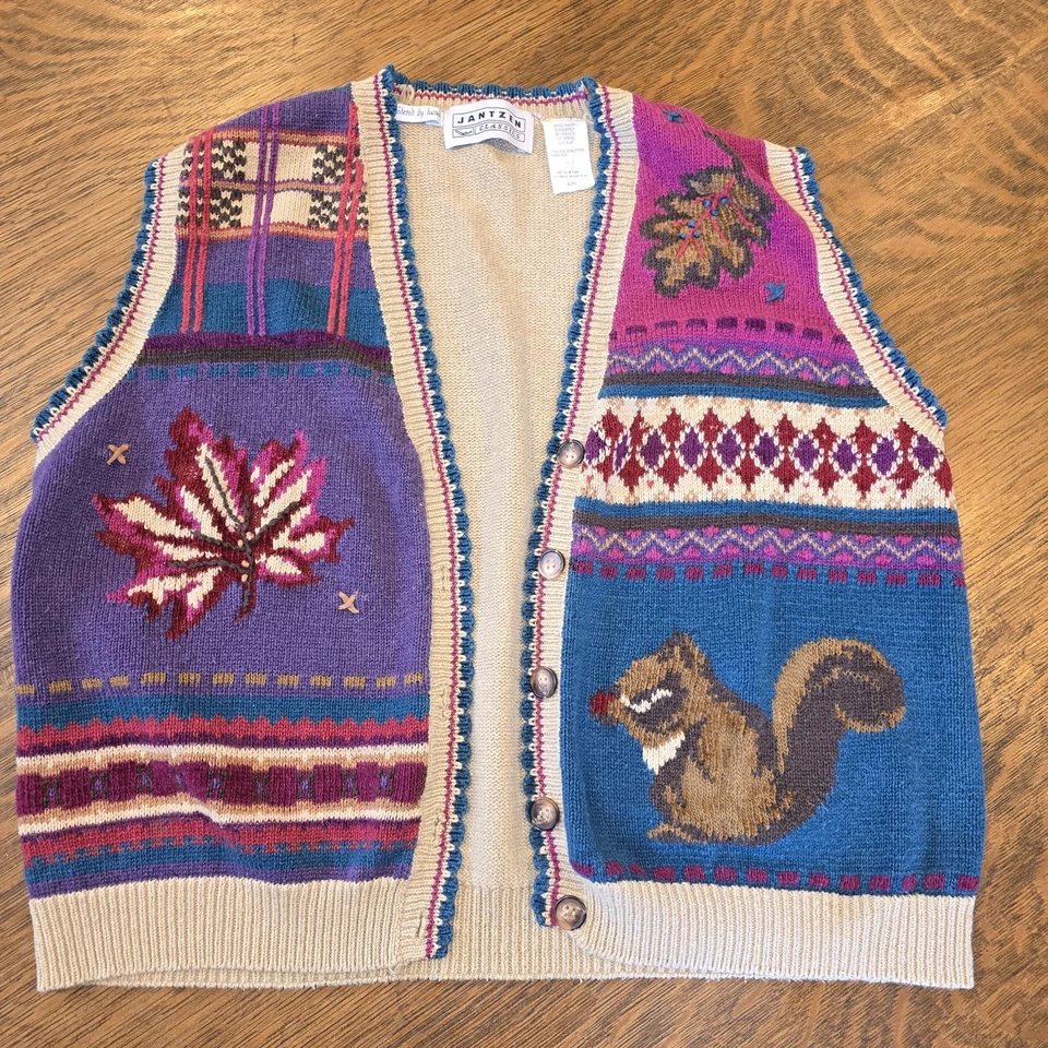 Jantzen Hand Embroidered Knit Vest XL Squirrel & Leaf Autumn Sweater Cottage - Image 1 of 4