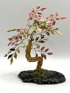 Vintage Pink Gemstones Asian Bonsai Tree Metal Gold Color Wire Stem & Branches - Picture 1 of 10