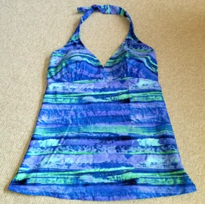 NWT Womens Swim Suit-GOTTEX-blue/purple/green patterned halter tankini top-14 - Picture 1 of 6