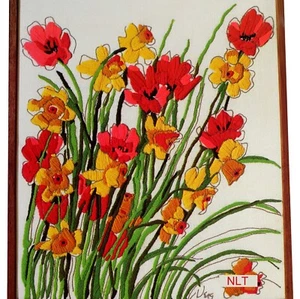 SPRING SONG Vintage Crewel Embroidery Kit Daffodils Tulips Cottage Core - Picture 1 of 8