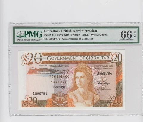 GIBRALTAR 20 POUNDS P 23c 1986 💲 QUEEN ELIZABETH II 💲 PMG 66 EPQ 💲 GEM UNC Cover