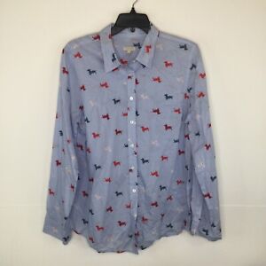Talbots Shirt Women Medium Blue Red Button-Up Dogs Collar Cotton Long Sleeve