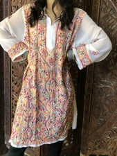 BOHO Gypsy Hippy Chic Long Tunic Floral Embroidered Sheer Georgette Dress M