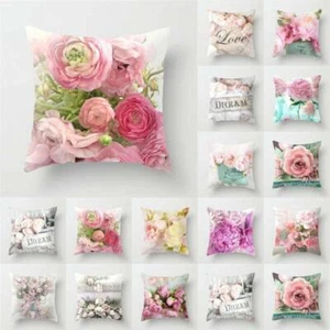 Pink Rose Printed Cushion Pillow Case Cover Waist Throw Sofa Bedroom Home Decor - Picture 1 of 26