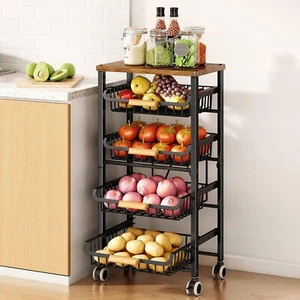 5 Tier Rolling Kitchen Fruit Basket Storage Cart Wire Bins with Wood Top Black - Picture 1 of 8