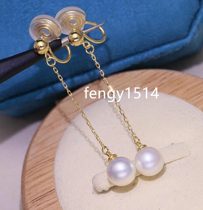 Real AAA+ 6-7mm natural White Akoya round pearl earrings clip-on long earrings - Image 1 of 4