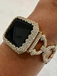 Series 10 Crystal Pave Link Apple Watch Band Yellow Gold or Apple Watch Cover - Picture 1 of 9