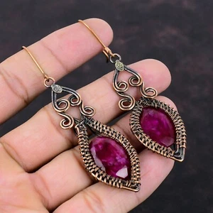 Copper Gift For Mom Kashmir Rubi Jewelry Wire Wrapped Drop/Dangle Earrings 3.31" - Picture 1 of 6