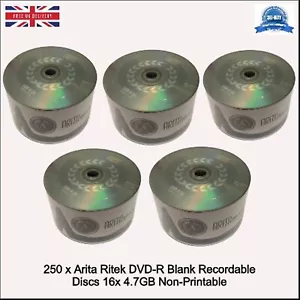 250 x Arita Ritek DVD-R 8x Blank 4.7GB Non-Printable Recordable Logo Blank Disc - Picture 1 of 24