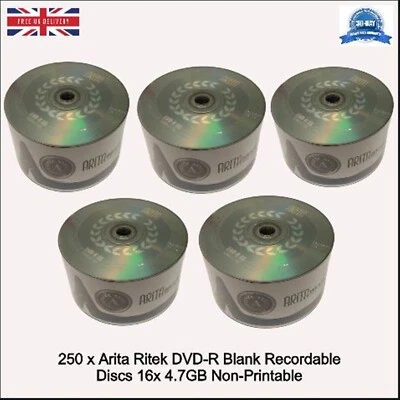 250 x Arita Ritek DVD-R 8x Blank 4.7GB Non-Printable Recordable Logo Blank Disc - Image 1 of 4