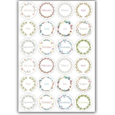 ESKVINYL 24 Month of the Year Stickers DIY Calendar Planner Labels Sheet Wreath Floral