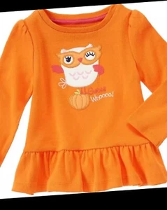 NWT Girls 6-12 mo Gymboree “HALLOWEEN SHOP” Cotton Orange OWL Ruffle SHIRT TOP - Picture 1 of 2