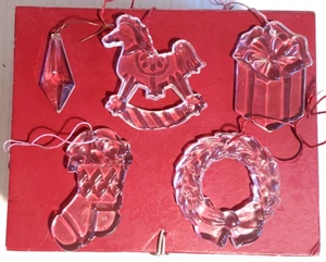 5 Vtg Clear Glass Christmas Ornaments Wreath Rocking Horse Stocking 3" w/ Box - Picture 1 of 4
