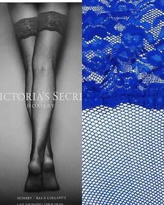 Victoria's Secret Stockings Lace Top Thigh Highs Pantyhose Fishnet Blue M - Picture 1 of 1