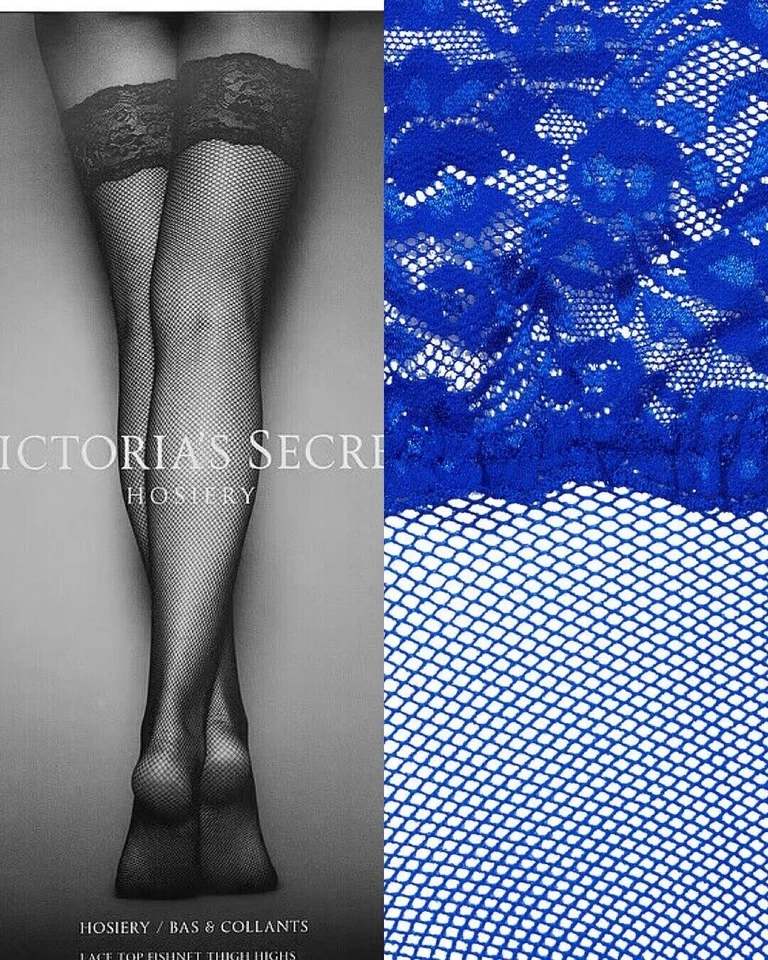 Victoria's Secret Stockings Lace Top Thigh Highs Pantyhose Fishnet Blue XS - Image 1 of 1